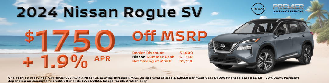 $1750 Off MSRP plus 1.9% APR on 2024 Nissan Rogue